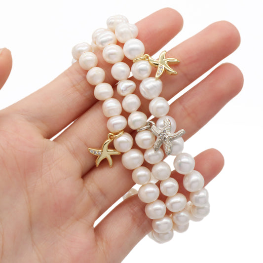 Custom Fashion Wholesale Factory Jewelry Handmade elastic CZ Sea Star Charm 7mm Natural Fresh Water Pearl Bracelet For Women