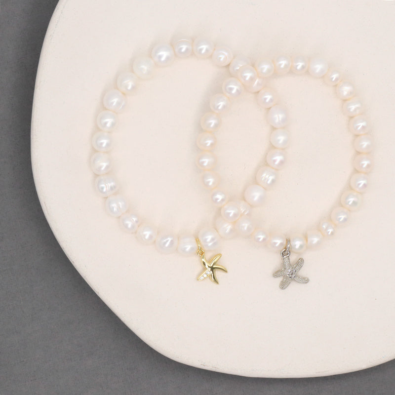 Custom Fashion Wholesale Factory Jewelry Handmade elastic CZ Sea Star Charm 7mm Natural Fresh Water Pearl Bracelet For Women