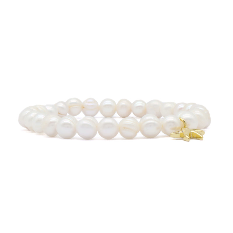 Custom Fashion Wholesale Factory Jewelry Handmade elastic CZ Sea Star Charm 7mm Natural Fresh Water Pearl Bracelet For Women