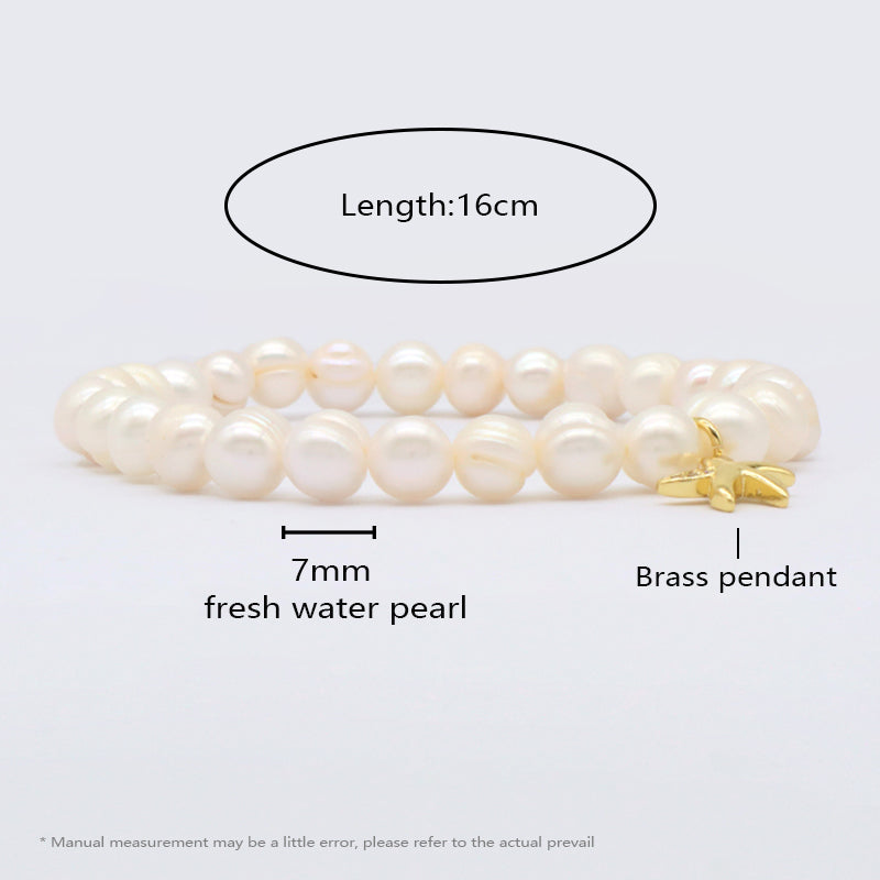 Custom Fashion Wholesale Factory Jewelry Handmade elastic CZ Sea Star Charm 7mm Natural Fresh Water Pearl Bracelet For Women