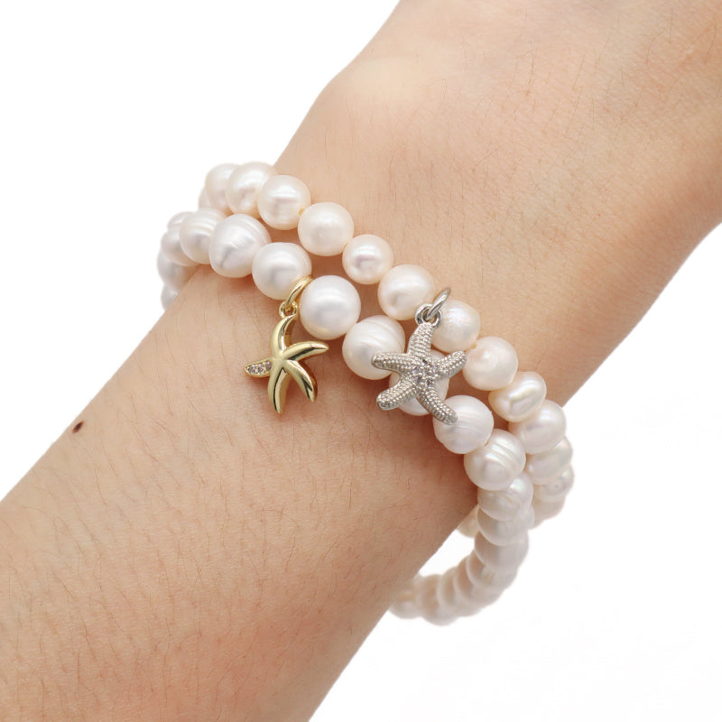 Custom Fashion Wholesale Factory Jewelry Handmade elastic CZ Sea Star Charm 7mm Natural Fresh Water Pearl Bracelet For Women