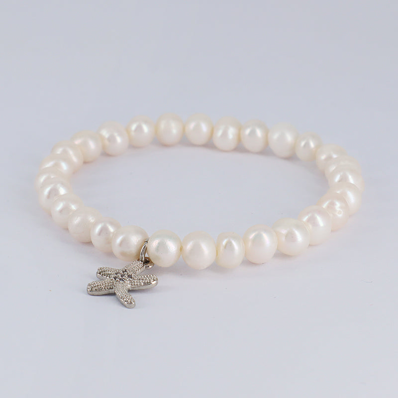 Custom Fashion Wholesale Factory Jewelry Handmade elastic CZ Sea Star Charm 7mm Natural Fresh Water Pearl Bracelet For Women