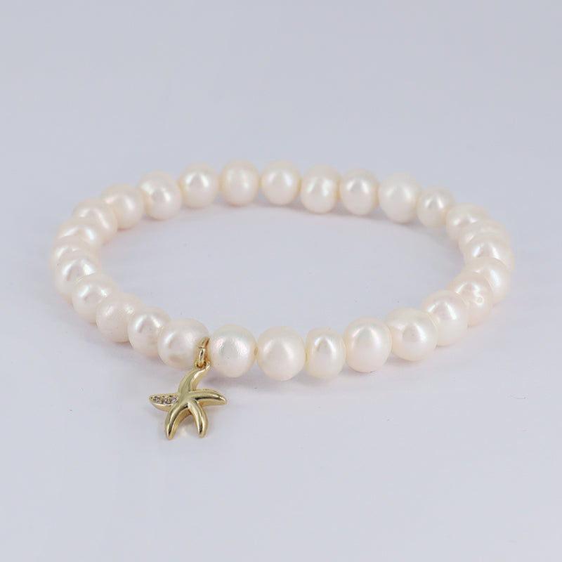 Custom Fashion Wholesale Factory Jewelry Handmade elastic CZ Sea Star Charm 7mm Natural Fresh Water Pearl Bracelet For Women