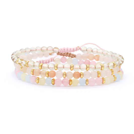 4mm Natural Stone Gold Plated Beads Adjustable Women Handmade OEM Woven Macrame Morgan Pink Aventurine Clear Quartz Bracelet
