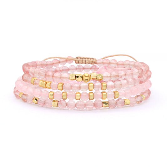 OEM Custom Gold Plated Beads Handmade Adjustable Woven Macrame Bohemian Healing Energy 4mm Natural Stone Pink Quartz Bracelet