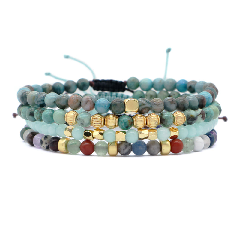 Adjustable OEM Custom Handmade Woven Bohemian Healing Energy 4mm Gold Plated Beads Natural Stone Macrame Bracelet For Men Women
