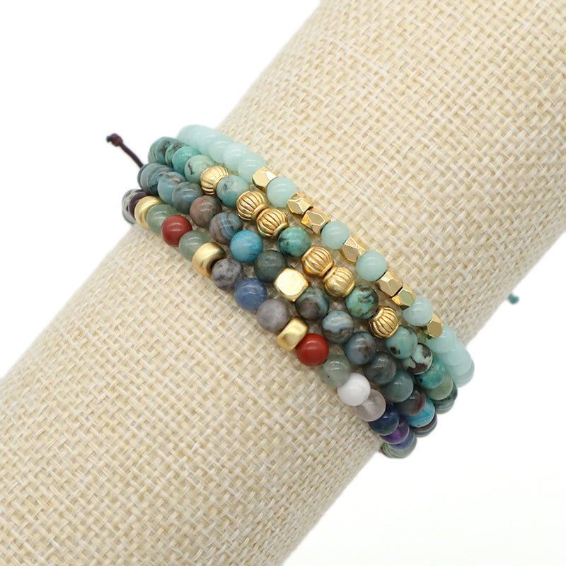 Adjustable OEM Custom Handmade Woven Bohemian Healing Energy 4mm Gold Plated Beads Natural Stone Macrame Bracelet For Men Women