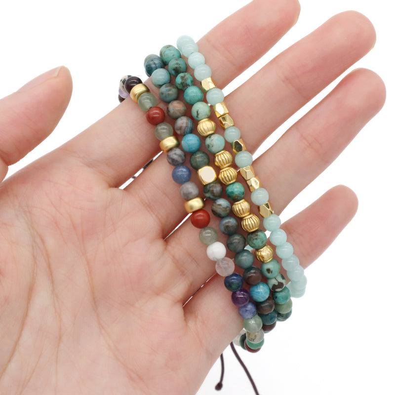 Adjustable OEM Custom Handmade Woven Bohemian Healing Energy 4mm Gold Plated Beads Natural Stone Macrame Bracelet For Men Women