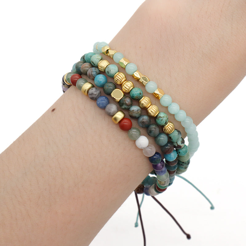 Adjustable OEM Custom Handmade Woven Bohemian Healing Energy 4mm Gold Plated Beads Natural Stone Macrame Bracelet For Men Women