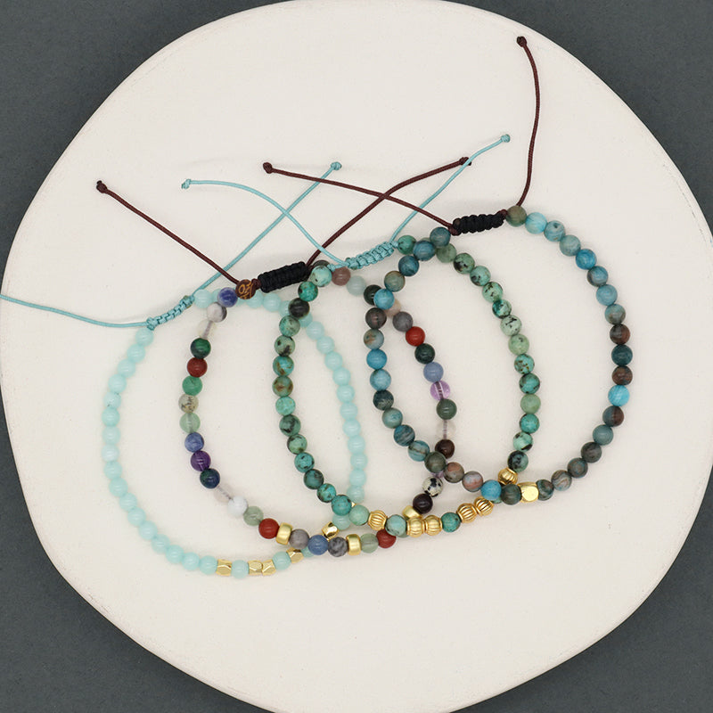 Adjustable OEM Custom Handmade Woven Bohemian Healing Energy 4mm Gold Plated Beads Natural Stone Macrame Bracelet For Men Women