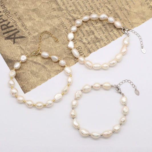 Wholesale Custom Women Rhodium Gold Plated 925 Sterling Silver Beads Adjustable Handmade Pure Freshwater Baroque Pearl Bracelet