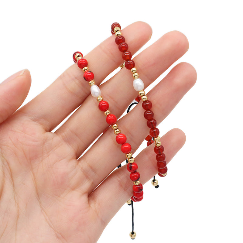 4mm Gemstone Natural Stone Bead Friendship Wholesale Women Customized Handmade Freshwater Pearl Woven Adjustable Macrame Bracelet
