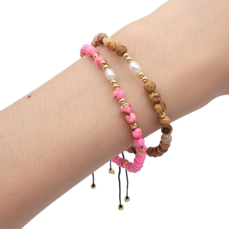5mm Gemstone Natural Stone Gold Plated Bead Woven Cord Customized Handmade Freshwater Pearl Adjustable Macrame Knot Bracelet