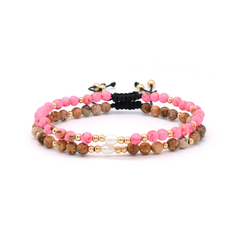5mm Gemstone Natural Stone Gold Plated Bead Woven Cord Customized Handmade Freshwater Pearl Adjustable Macrame Knot Bracelet