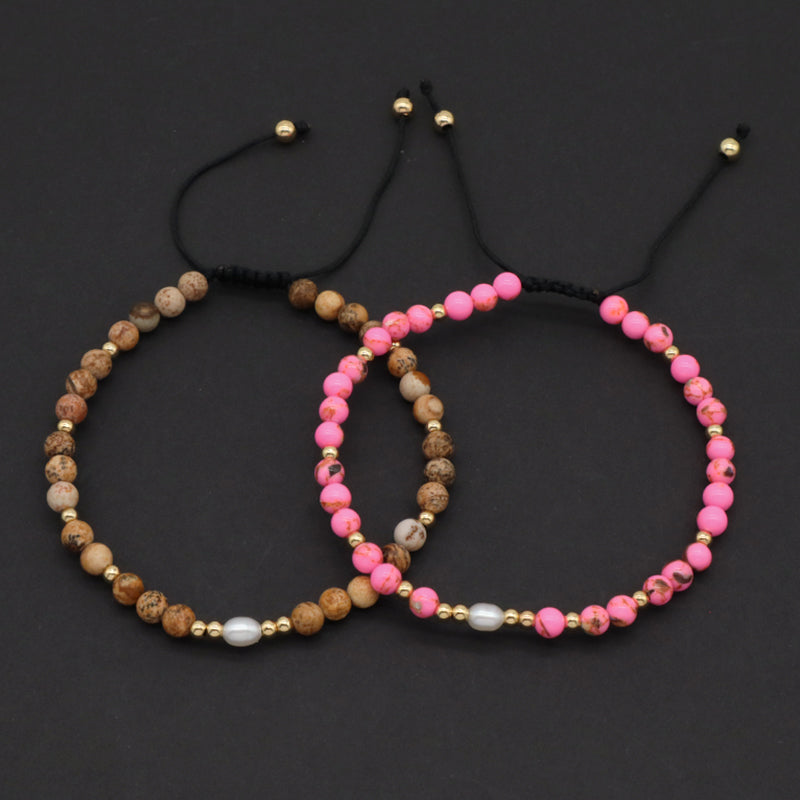 5mm Gemstone Natural Stone Gold Plated Bead Woven Cord Customized Handmade Freshwater Pearl Adjustable Macrame Knot Bracelet