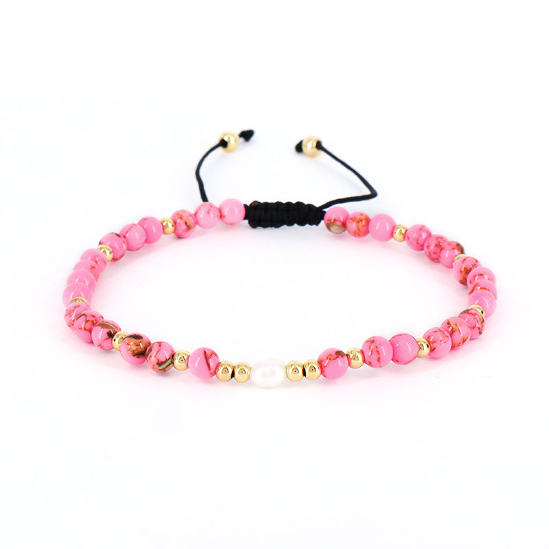 5mm Gemstone Natural Stone Gold Plated Bead Woven Cord Customized Handmade Freshwater Pearl Adjustable Macrame Knot Bracelet