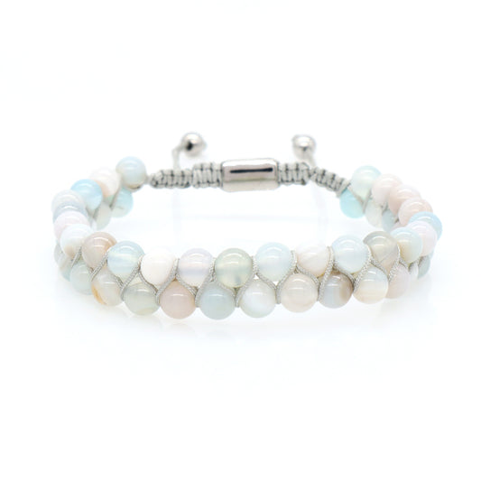 Double Layer 6mm Natural Stone Beaded Gemstone Bangles Custom Handmade Adjustable Woven Stainless Steel Macrame Knots Bracelet