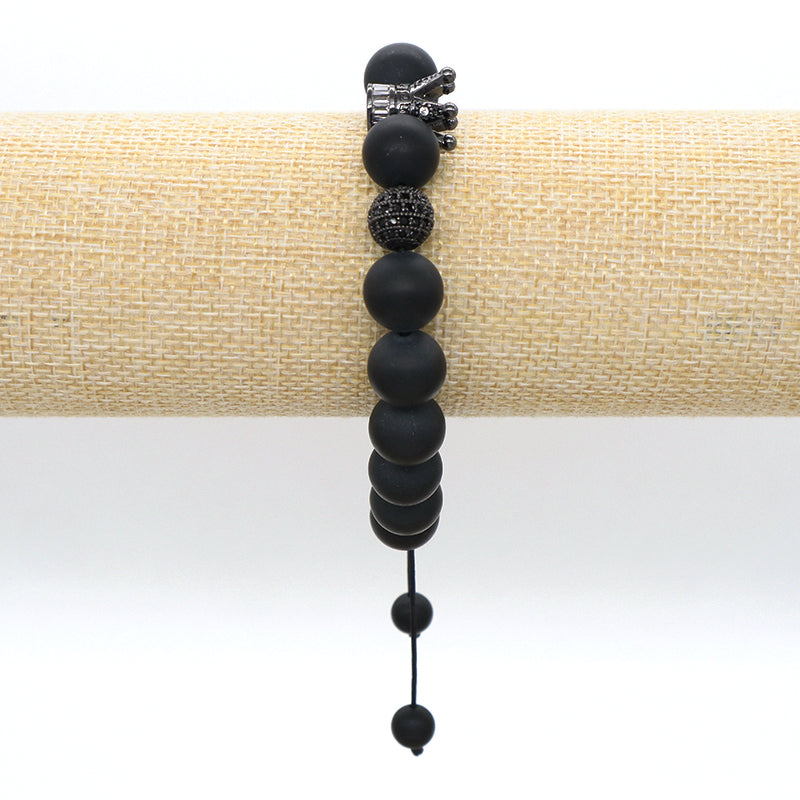 Wholesale Custom Yoga Inspirational Gemstone Adjustable Handmade 12mm Natural Stone Beaded CZ Crown Charm Macrame Knots Bracelet