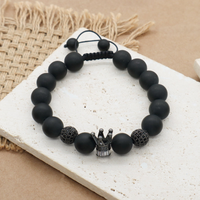 Wholesale Custom Yoga Inspirational Gemstone Adjustable Handmade 12mm Natural Stone Beaded CZ Crown Charm Macrame Knots Bracelet