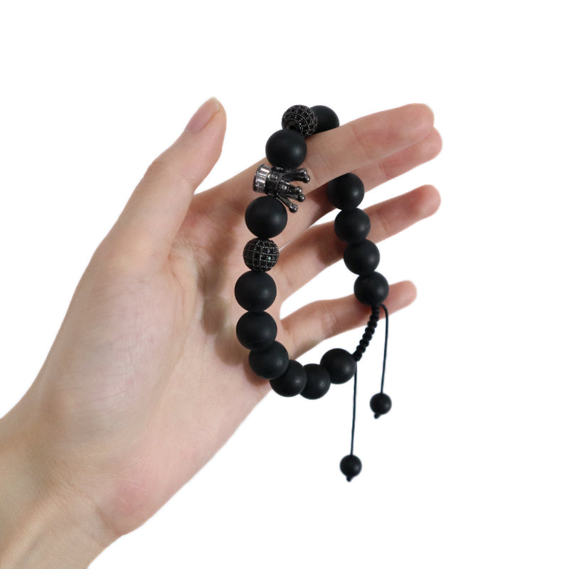 Wholesale Custom Yoga Inspirational Gemstone Adjustable Handmade 12mm Natural Stone Beaded CZ Crown Charm Macrame Knots Bracelet