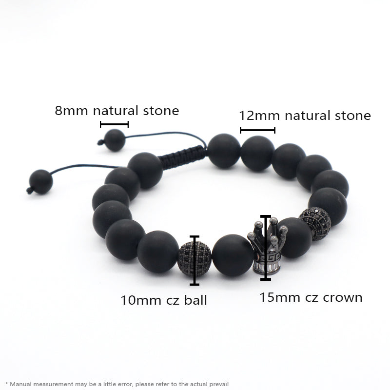 Wholesale Custom Yoga Inspirational Gemstone Adjustable Handmade 12mm Natural Stone Beaded CZ Crown Charm Macrame Knots Bracelet