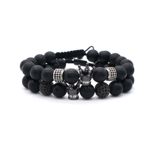 Custom Wholesale Women Men Yoga Adjustable Handmade CZ Crown Charm Macrame Knots 10mm Natural Stone Beaded Friendship Bracelet