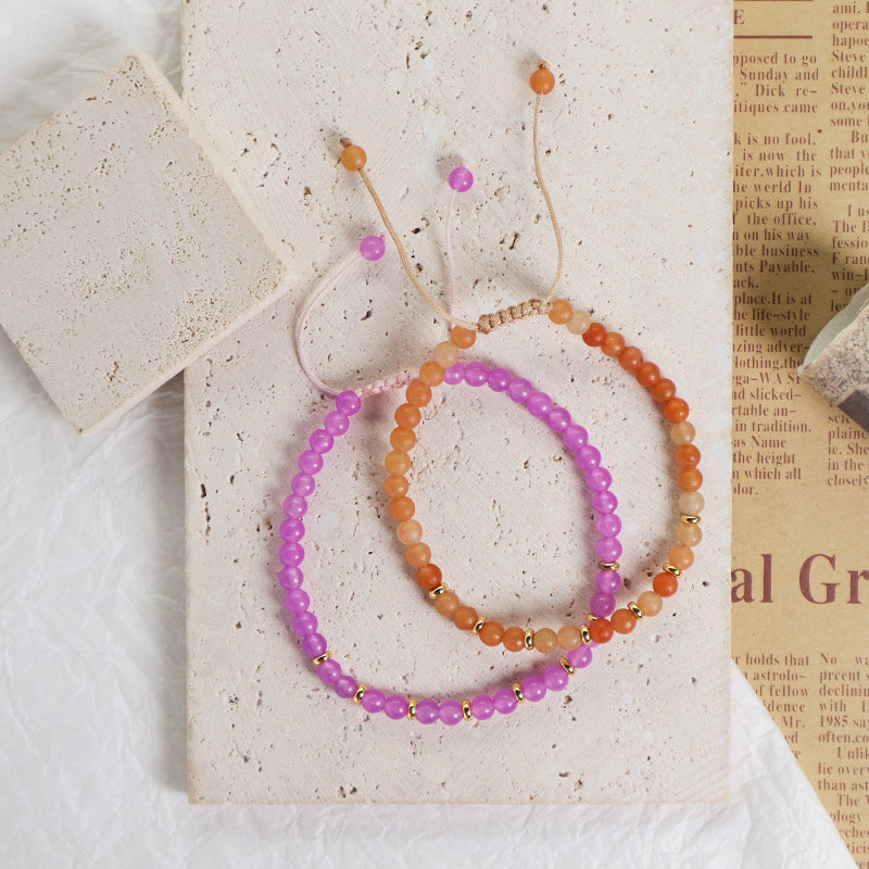 Custom 4mm Gemstone Natural Stone Beads Gold Plated Brass Charm Woven Cord Handmade Adjustable Macrame Knot Bracelet For Women