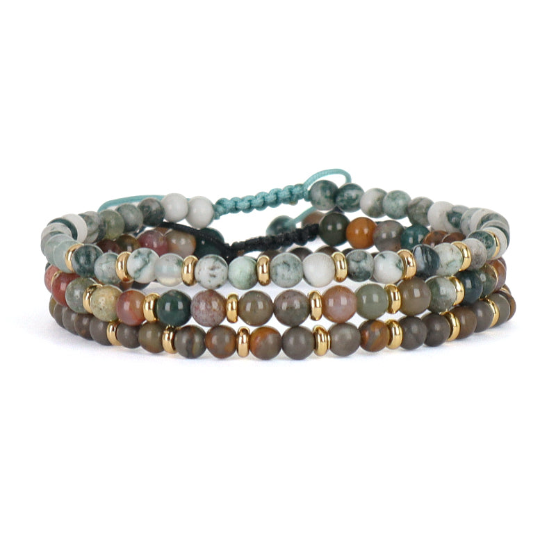 Wholesale Custom 4mm Natural Stone Beaded Handmade Fashion Women Gift Gold Plated Brass Charm Braided Adjustable Macrame Bracelet