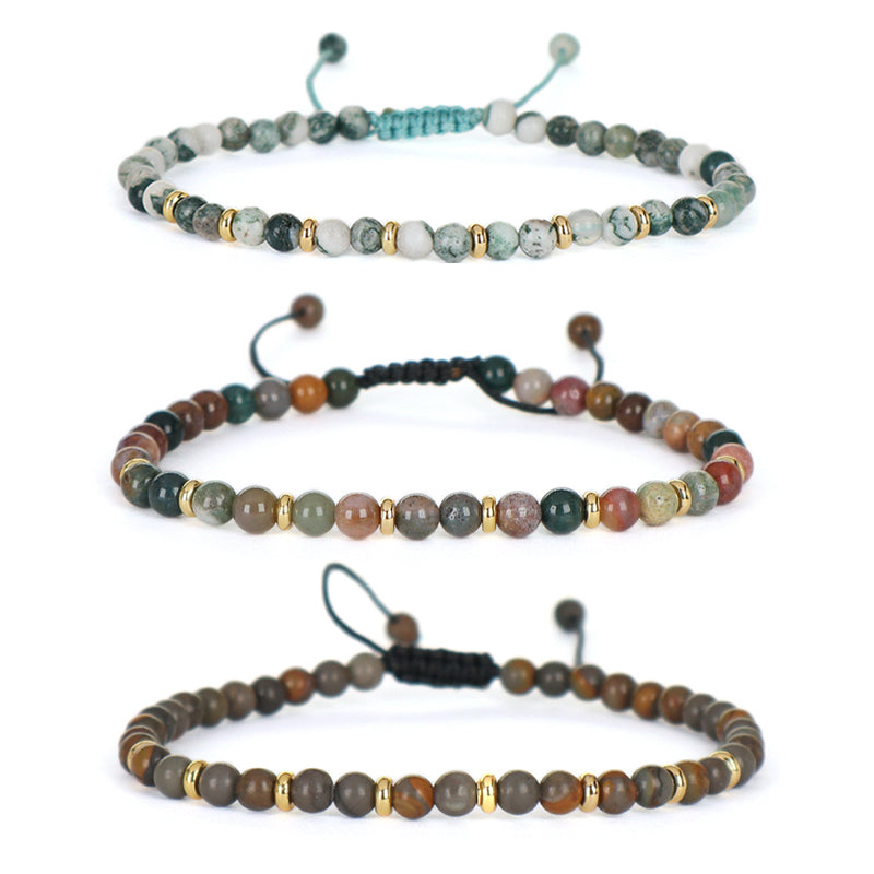 Wholesale Custom 4mm Natural Stone Beaded Handmade Fashion Women Gift Gold Plated Brass Charm Braided Adjustable Macrame Bracelet