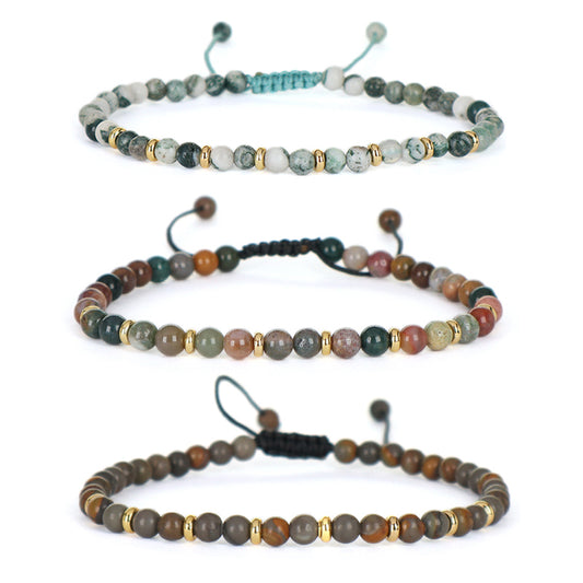 Wholesale Custom 4mm Natural Stone Beaded Handmade Fashion Women Gift Gold Plated Brass Charm Braided Adjustable Macrame Bracelet
