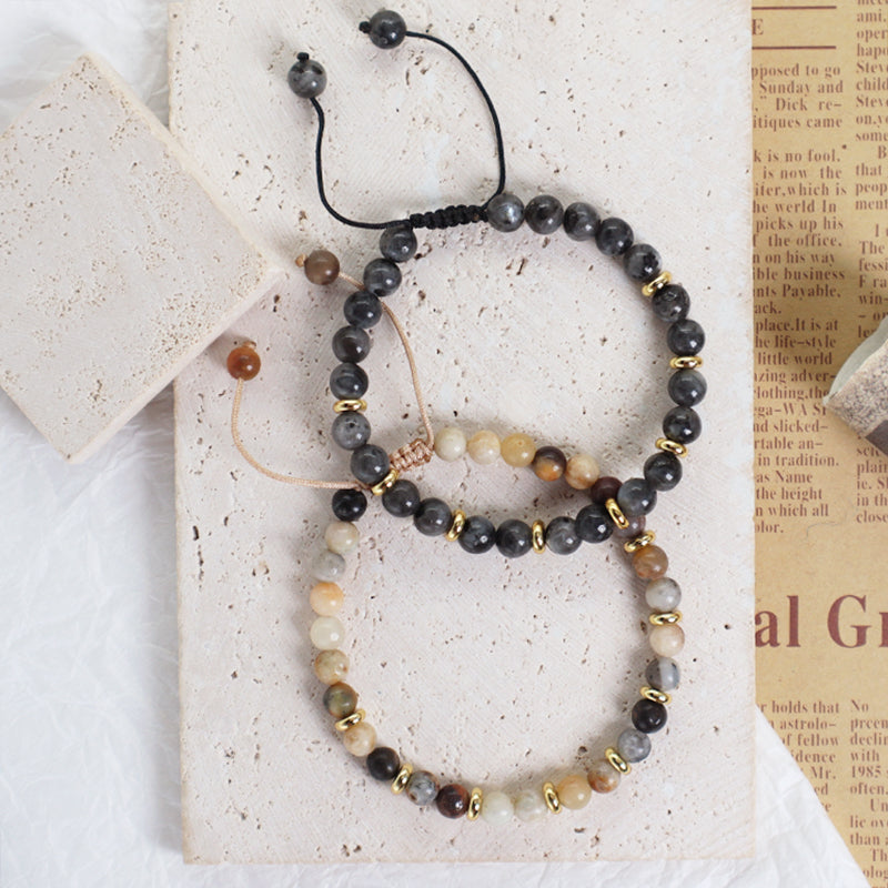 Custom Wholesale Handmade Women Gold Plated Charm Adjustable Woven Cord Macrame 6mm Round Natural Stone Beads Gemstone Bracelet