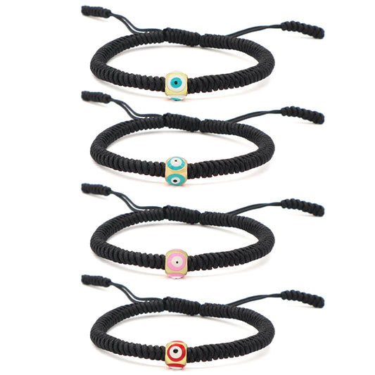 Customized OEM Handmade Wholesale Women Jewelry Adjustable Rope Woven Braided Macrame Gold Plated Enamel Evil Eyes Charm Bracelet