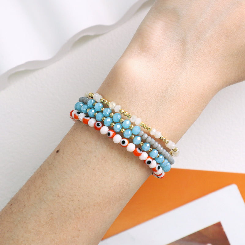 Wholesale OEM Custom Women Jewelry Adjustable Handmade 4mm Glass Crystal Colored Glaze Evil Eyes Charm Bracelet