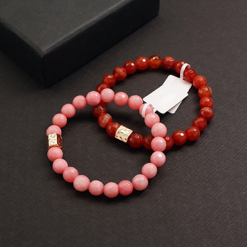 New Bulk Sale Custom Handmade OEM Yoga Healing Gold Plated Brass Charm 8mm Elastic Pink Natural Stone Beaded Bracelet For Women