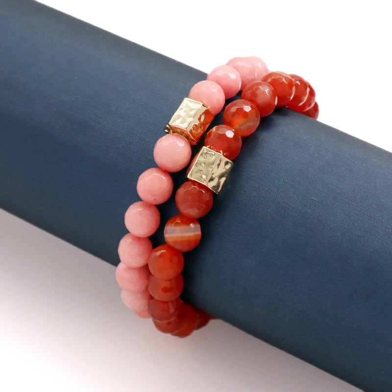 New Bulk Sale Custom Handmade OEM Yoga Healing Gold Plated Brass Charm 8mm Elastic Pink Natural Stone Beaded Bracelet For Women
