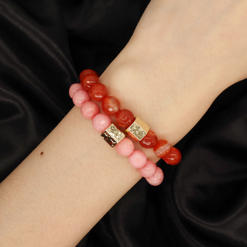 New Bulk Sale Custom Handmade OEM Yoga Healing Gold Plated Brass Charm 8mm Elastic Pink Natural Stone Beaded Bracelet For Women