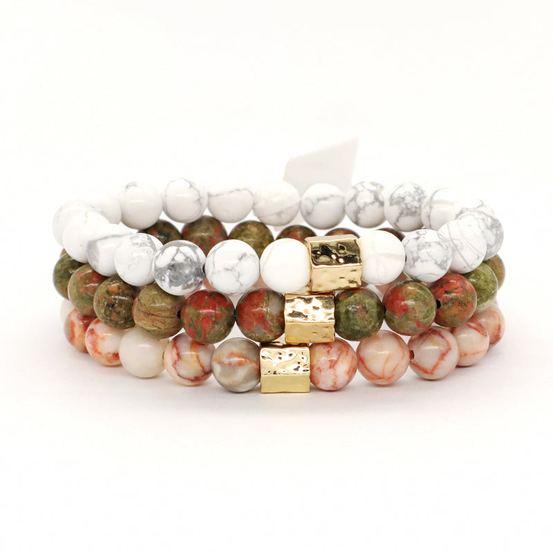 Custom Handmade Women Jewelry Wholesale Gold Plated Brass Charm OEM White Elastic Healing Yoga 8mm Natural Stone Beaded Bracelet