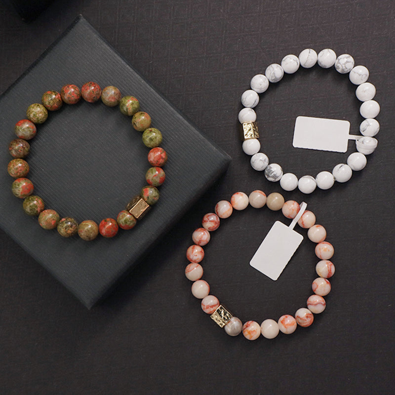 Custom Handmade Women Jewelry Wholesale Gold Plated Brass Charm OEM White Elastic Healing Yoga 8mm Natural Stone Beaded Bracelet