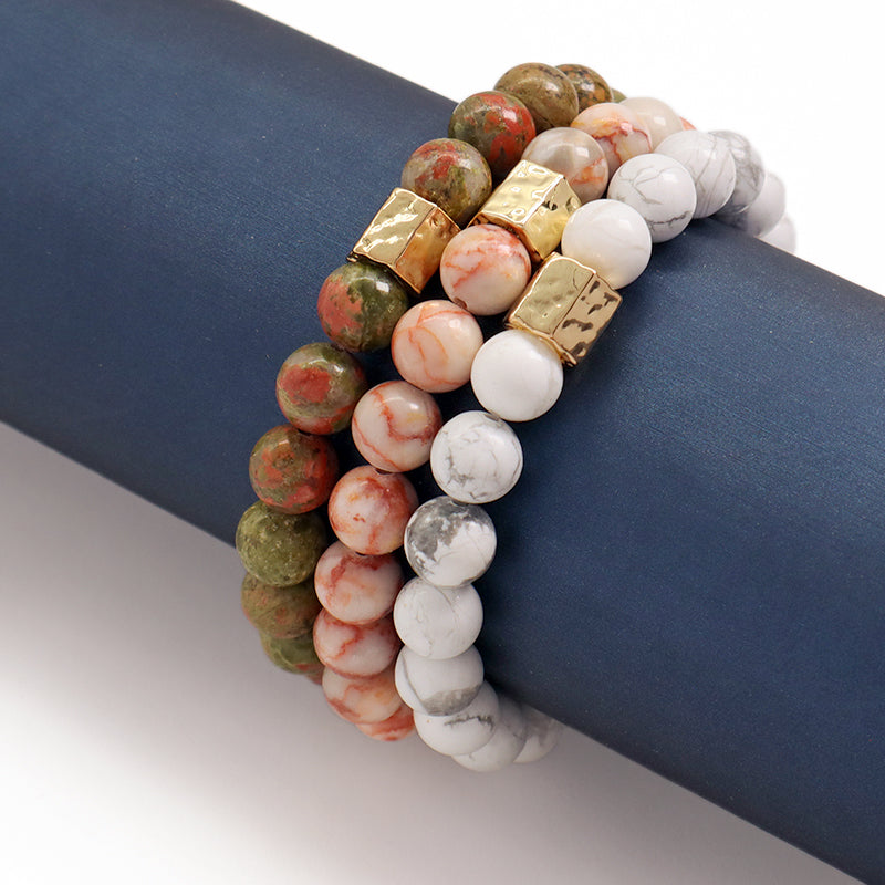 Custom Handmade Women Jewelry Wholesale Gold Plated Brass Charm OEM White Elastic Healing Yoga 8mm Natural Stone Beaded Bracelet