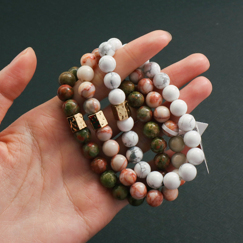 Custom Handmade Women Jewelry Wholesale Gold Plated Brass Charm OEM White Elastic Healing Yoga 8mm Natural Stone Beaded Bracelet