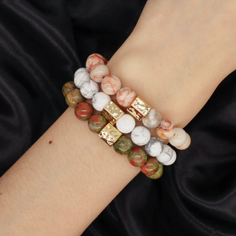 Custom Handmade Women Jewelry Wholesale Gold Plated Brass Charm OEM White Elastic Healing Yoga 8mm Natural Stone Beaded Bracelet