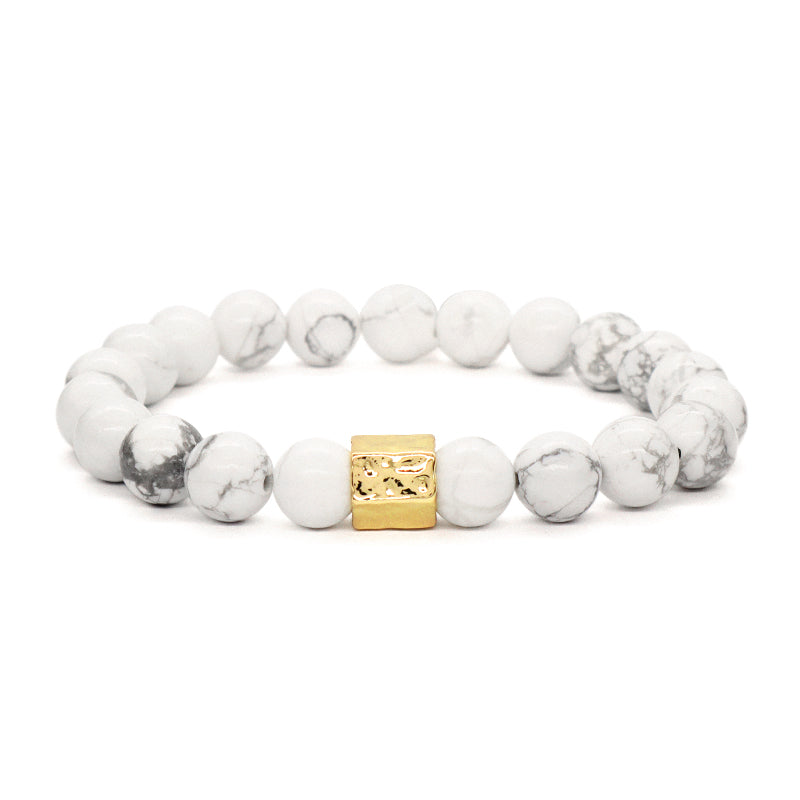 Custom Handmade Women Jewelry Wholesale Gold Plated Brass Charm OEM White Elastic Healing Yoga 8mm Natural Stone Beaded Bracelet