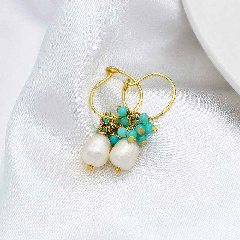 Trendy Women Jewelry 925 Sterling Silver Natural Stone & Natural Fresh Water Pearl Earring