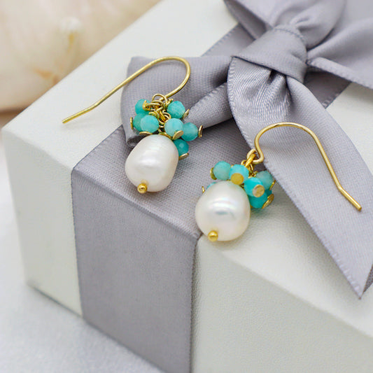 Trendy Women Jewelry 925 Sterling Silver Natural Stone & Natural Fresh Water Pearl Earring