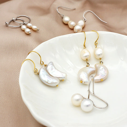 Wholesale Manufacture Customized Women Jewelry gold plated 925 sterling silver fresh water pearl Moon Shape Hoop Earrings