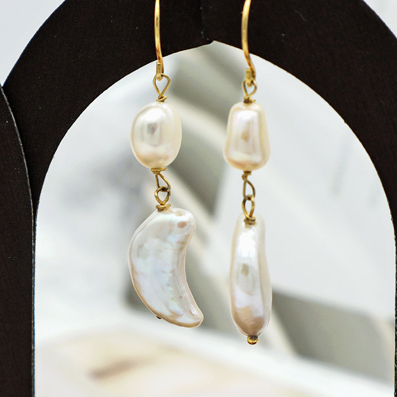 8-9mm Round 17mm Moon Natural Freshwater Pearl With Gold Plated Sterling 925 Silver Earring