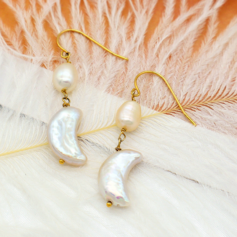 8-9mm Round 17mm Moon Natural Freshwater Pearl With Gold Plated Sterling 925 Silver Earring