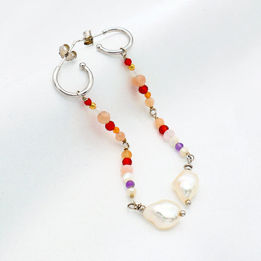 Custom Factory Manufacture Handmade Women Rhodium Plated 925 sterling silver Natural Stone fresh water pearl dangle earrings