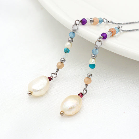 Natural stone & 8-9mm natural fresh water pearl 925 sterling silver earring
