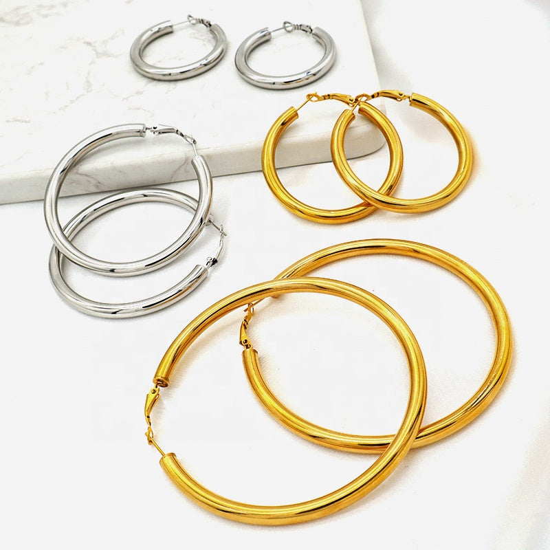 High Quality Trendy Women Girl Earring Gold Plated Stainless Steel Chunky Hoops Earrings
